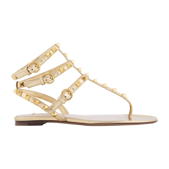 Valentino Rockstud KM5 Gold Leather Triple Ankle Strap Gladiator Flat Sandal 36 - Picture 1 of 10